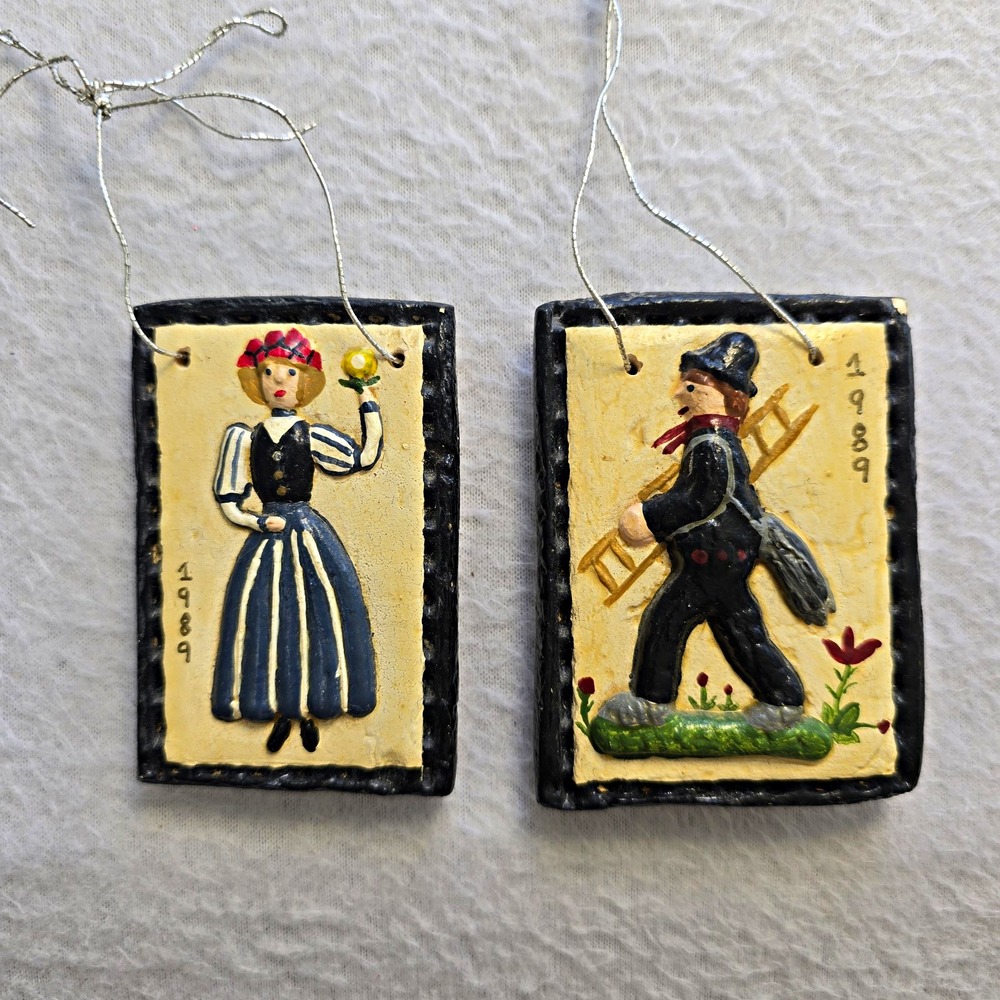 Vintage 1989 Chalkware Christmas Ornaments Pair German Chimney Sweep Folk Art...